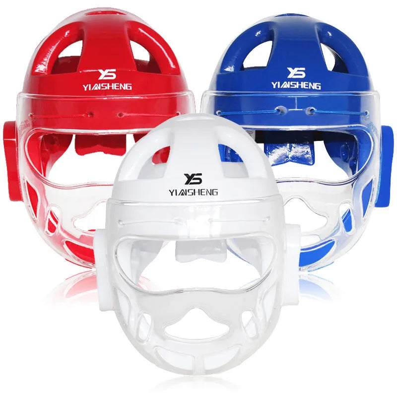 Karate boxing helmet head protection equipment in white, blue, or red colours