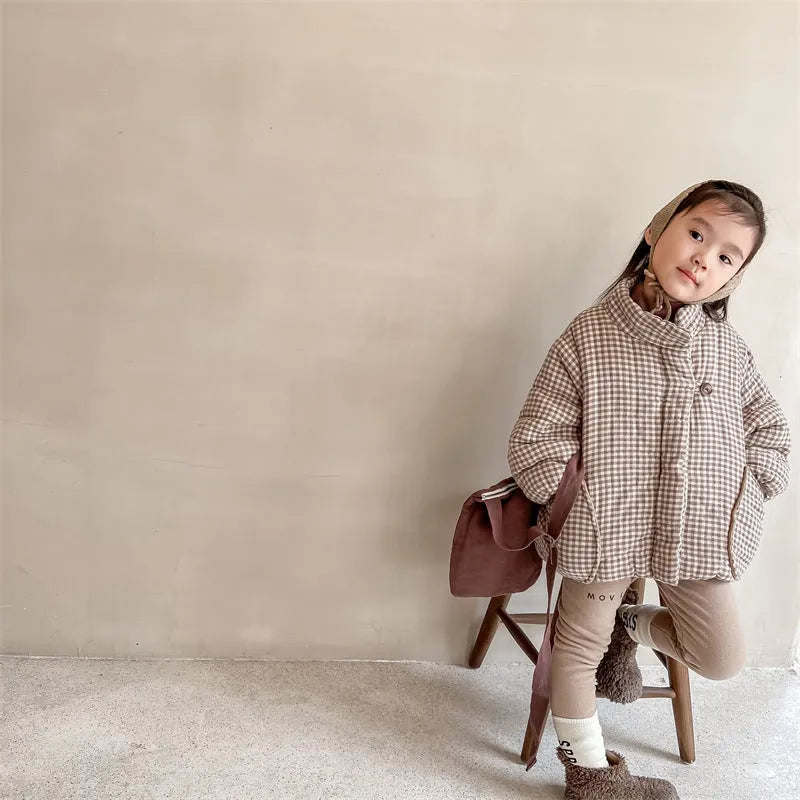 Fleece-lined plaid cotton-padded coat for children, beige, suitable height 100cm, cardigan style