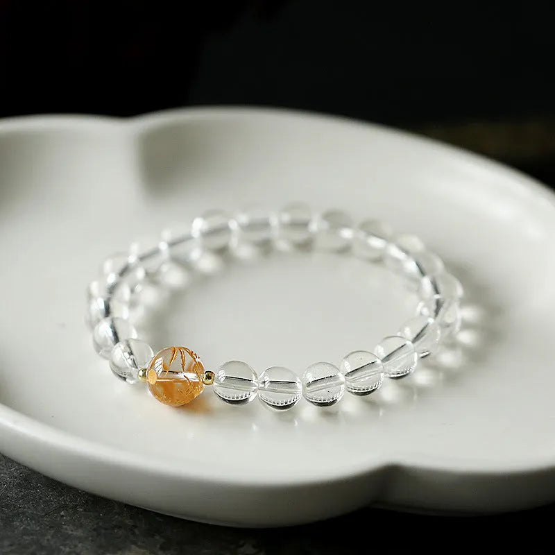 Geometric obsidian white crystal bracelet with black agate beads and adjustable 14-16 cm fit