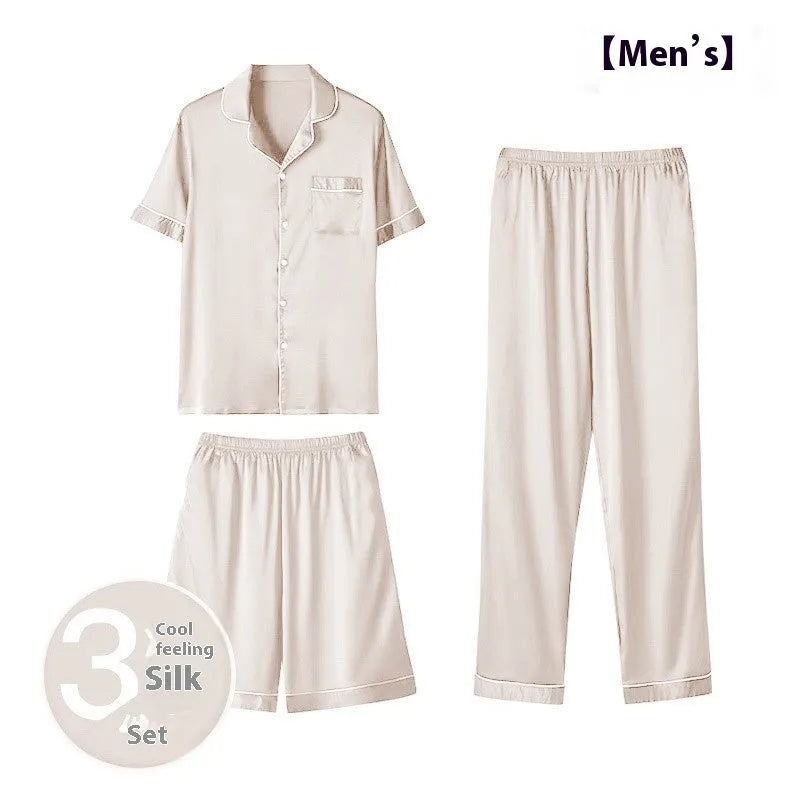 Men's ice silk three-piece pyjama set in black, showing shorts and trousers for lightweight home wear.