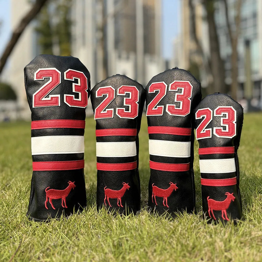 Set of four PU golf club head cover sleeves in assorted colours for fairway woods and putter.