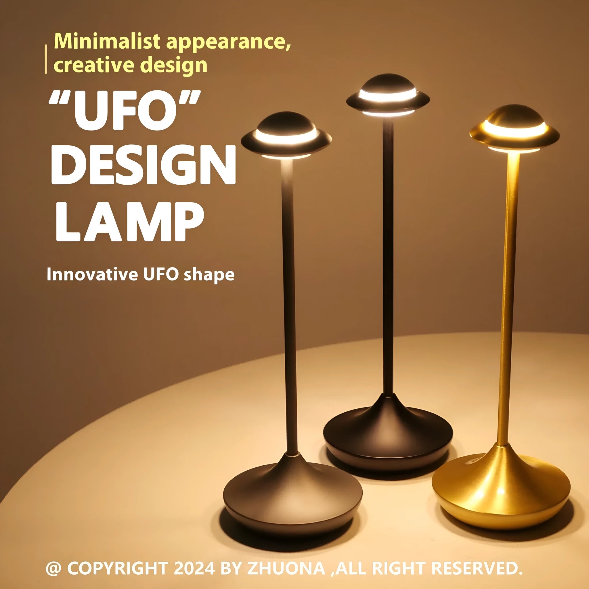 Gold UFO-shaped metal table lamp with touch dimming controls on a desk.