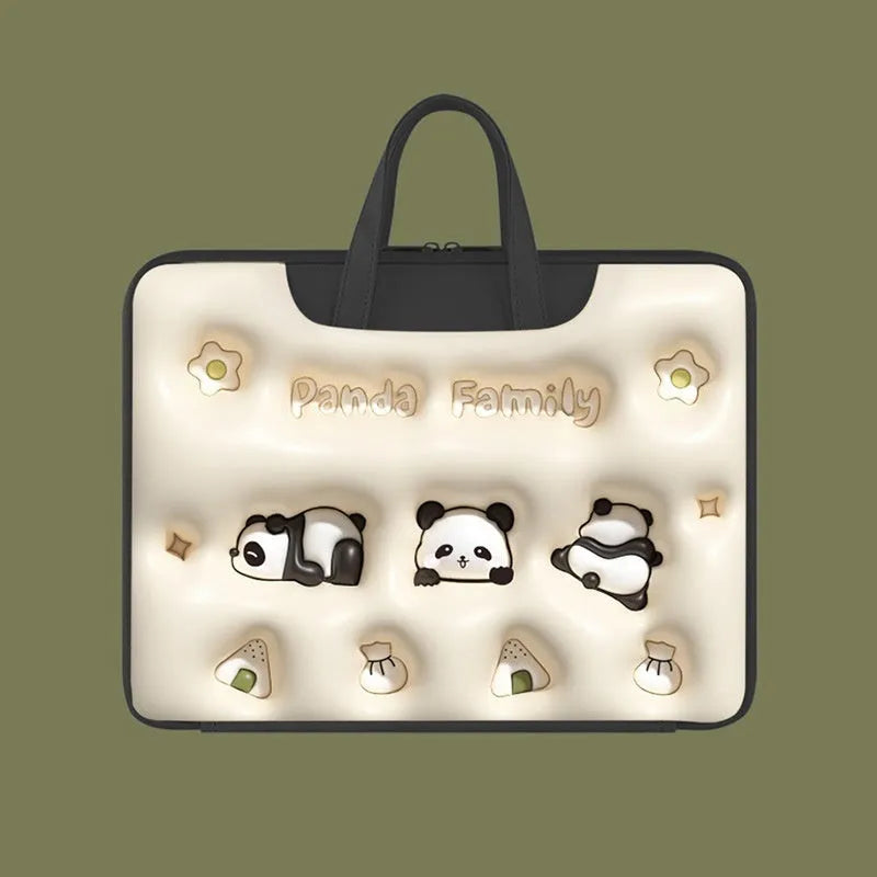 PU leather inflatable laptop bag with cartoon design, shown hanging from a suitcase handle.