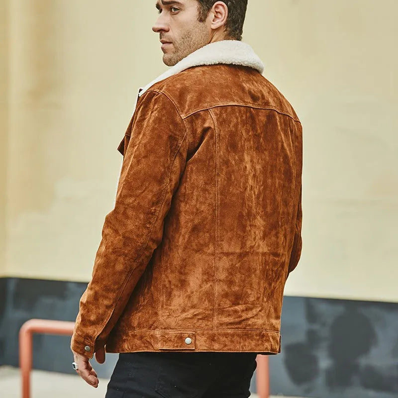 Men's brown genuine pigskin leather cotton padded jacket with lapel collar, single-breasted front, regular length straight style