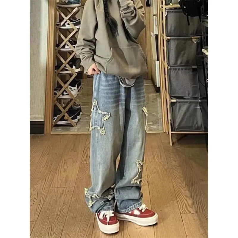 Blue high waist wide leg denim trousers with straight leg design