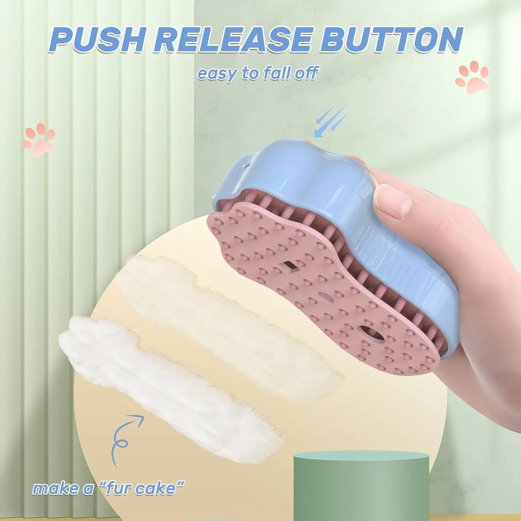 Blue self-cleaning cat steam brush with silicone bristles and a spray nozzle.