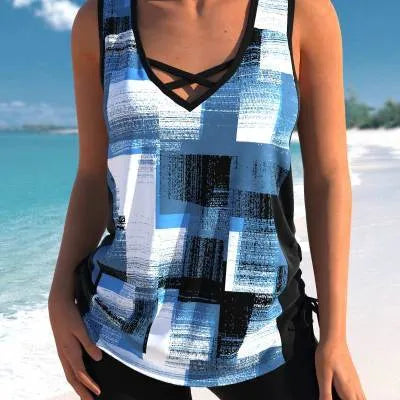 Women's printed split boxer swimsuit bikini set in various colours.