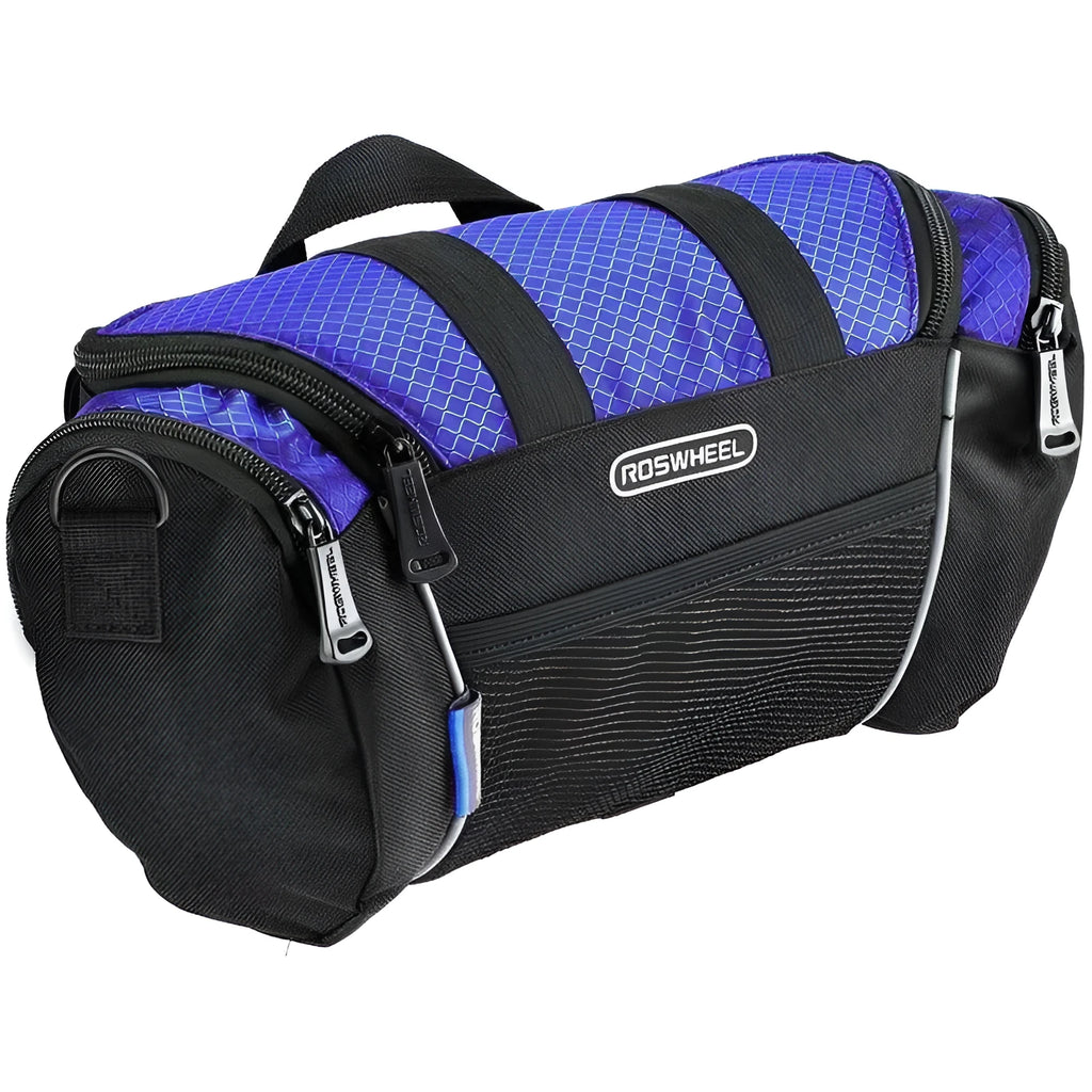 Canvas bicycle handlebar bag in navy blue with 32x11x17cm dimensions for mountain bike use