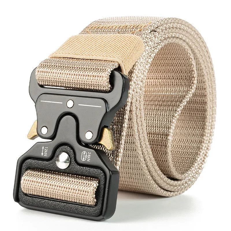 Men's black canvas tactical belt with a silver alloy release buckle, laid flat to show its 120cm length.