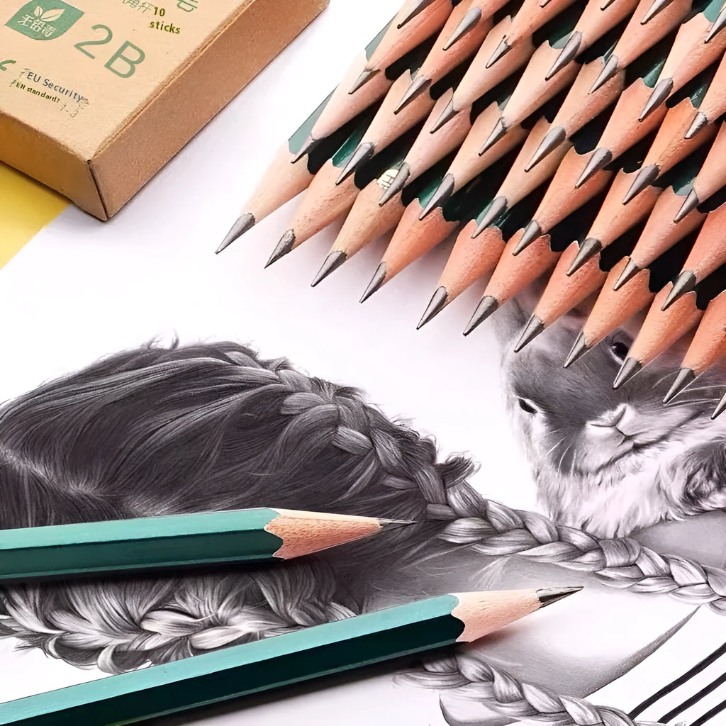 Green hexagonal wooden pencils in 2B and HB grades, box of 10 for sketching and writing
