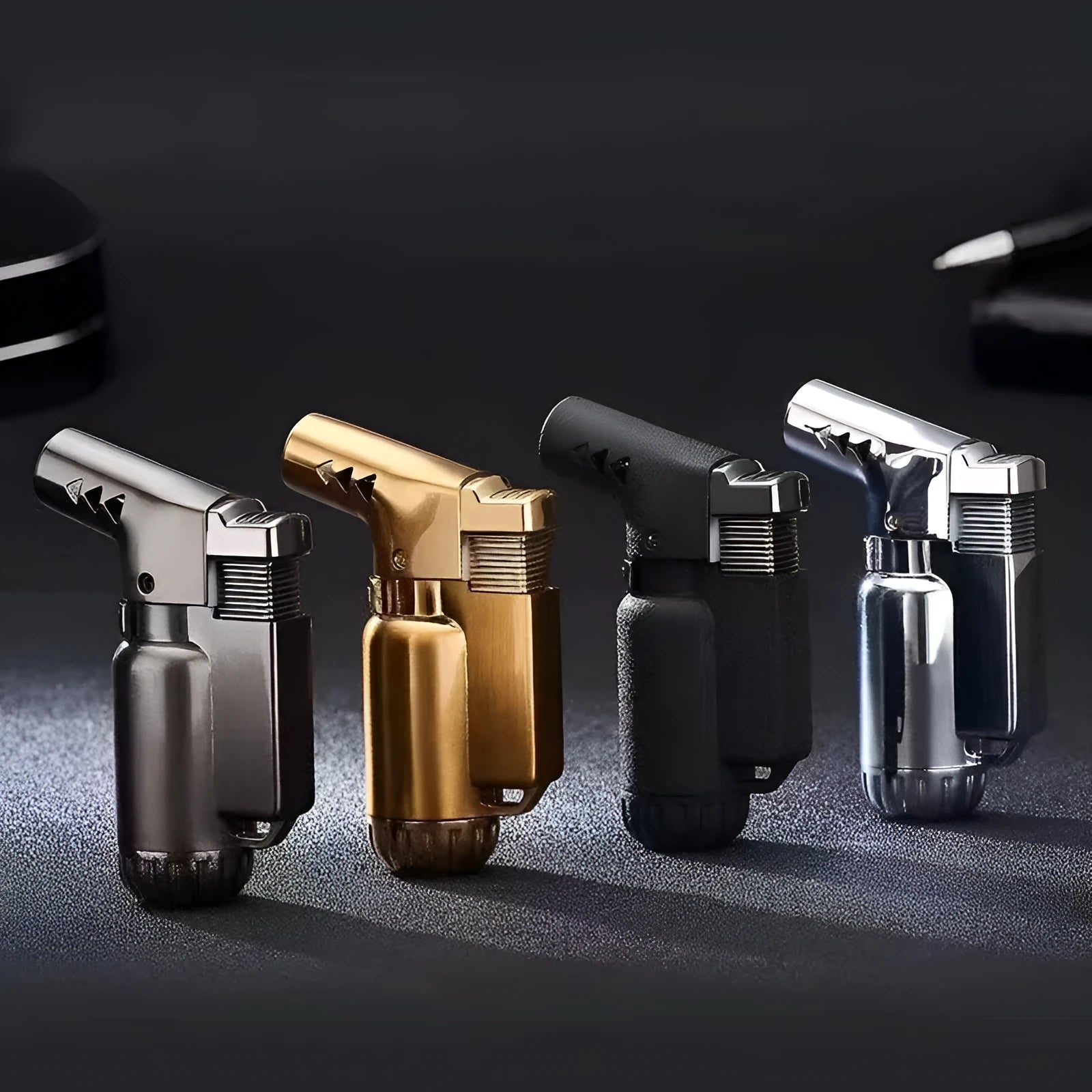 HB805-1 metal windproof lighter in black gold grey or silver colours showing compact 72mm design