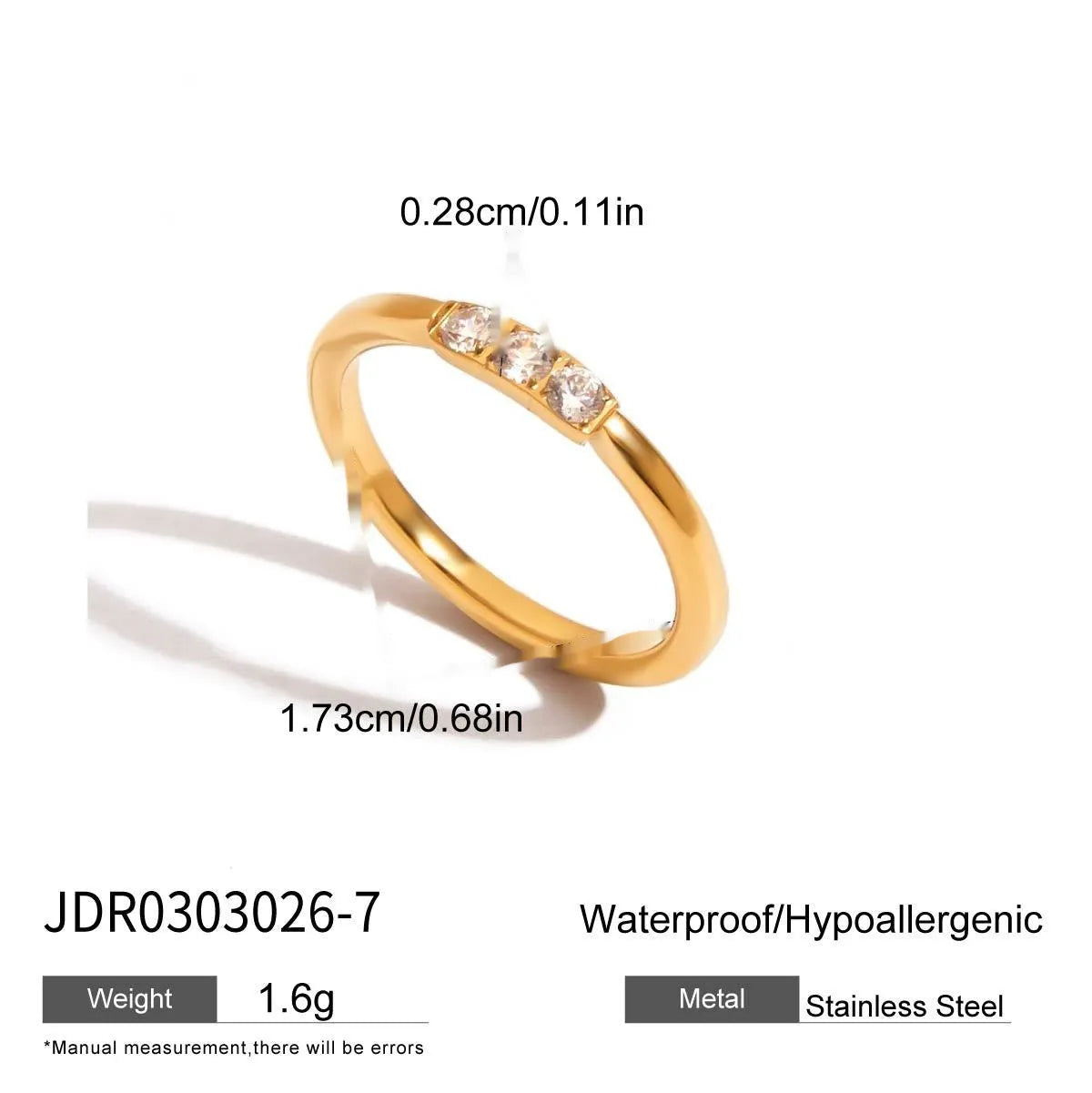 Geometric stainless steel zircon ring with no-fade finish on a hand.