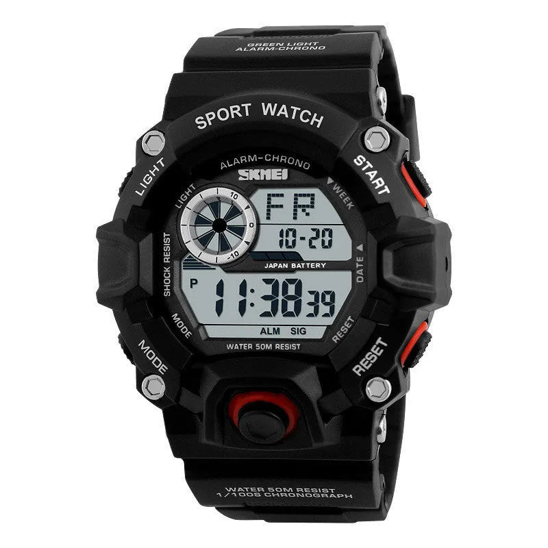Waterproof multifunctional mountaineering watch with round dial and plastic strap in five colour options