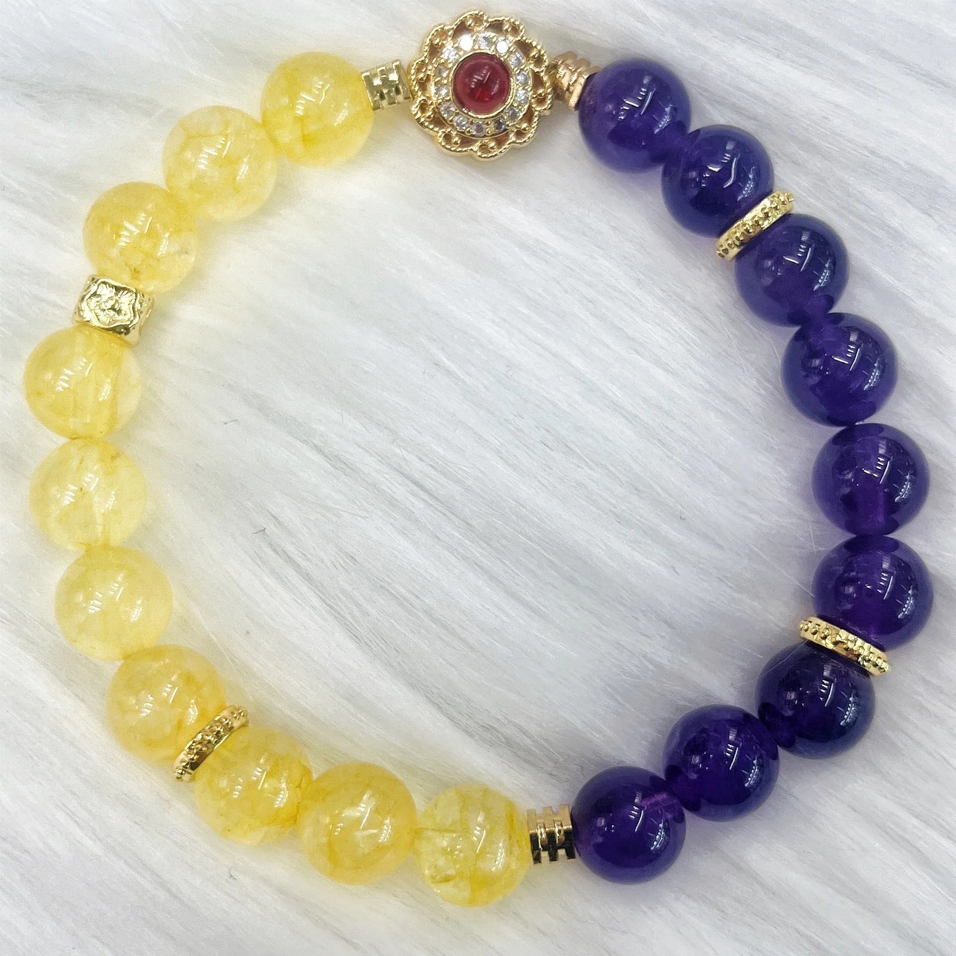 Handmade amethyst crystal bracelet with yellow and purple beads for women