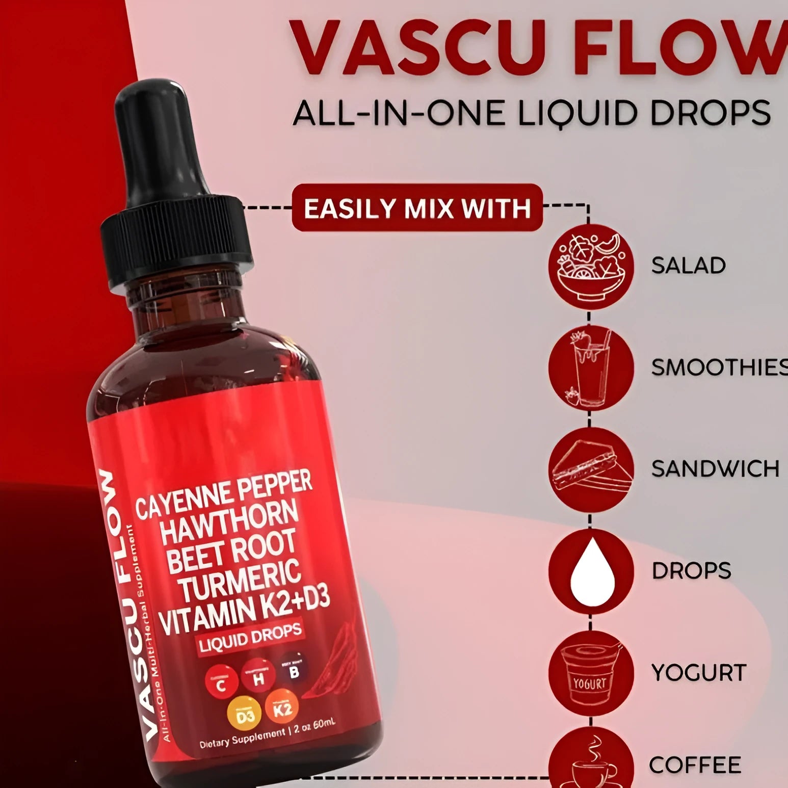 60ml glass bottle of Vitamin D3 K2 Hawthorn Fruit Supplement Liquid Drops with a plastic dropper.