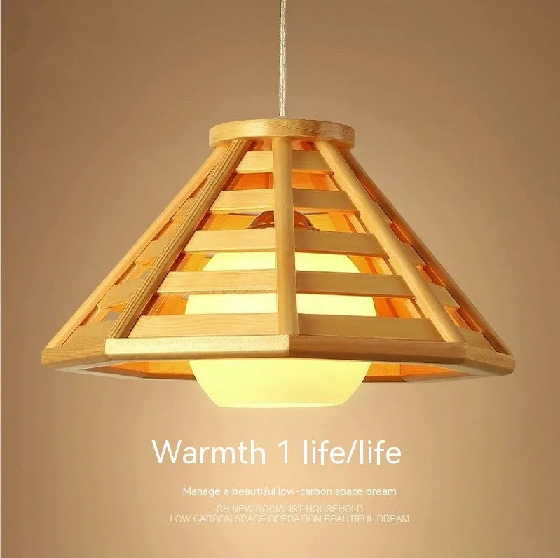 Modern minimalist bamboo woven woodcraft ceiling pendant lamp in wood colour with LED light source, 35cm or 50cm size