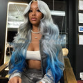 Grey blue gradient human hair headgear with lace frontal on display stand