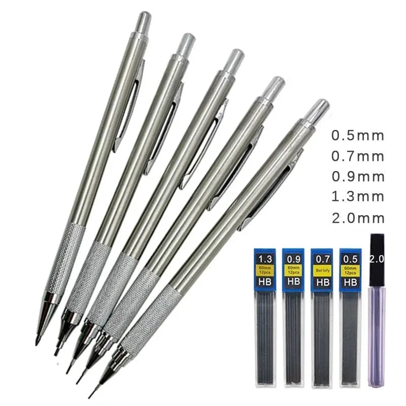 Metal automatic mechanical pencil with various lead specifications displayed