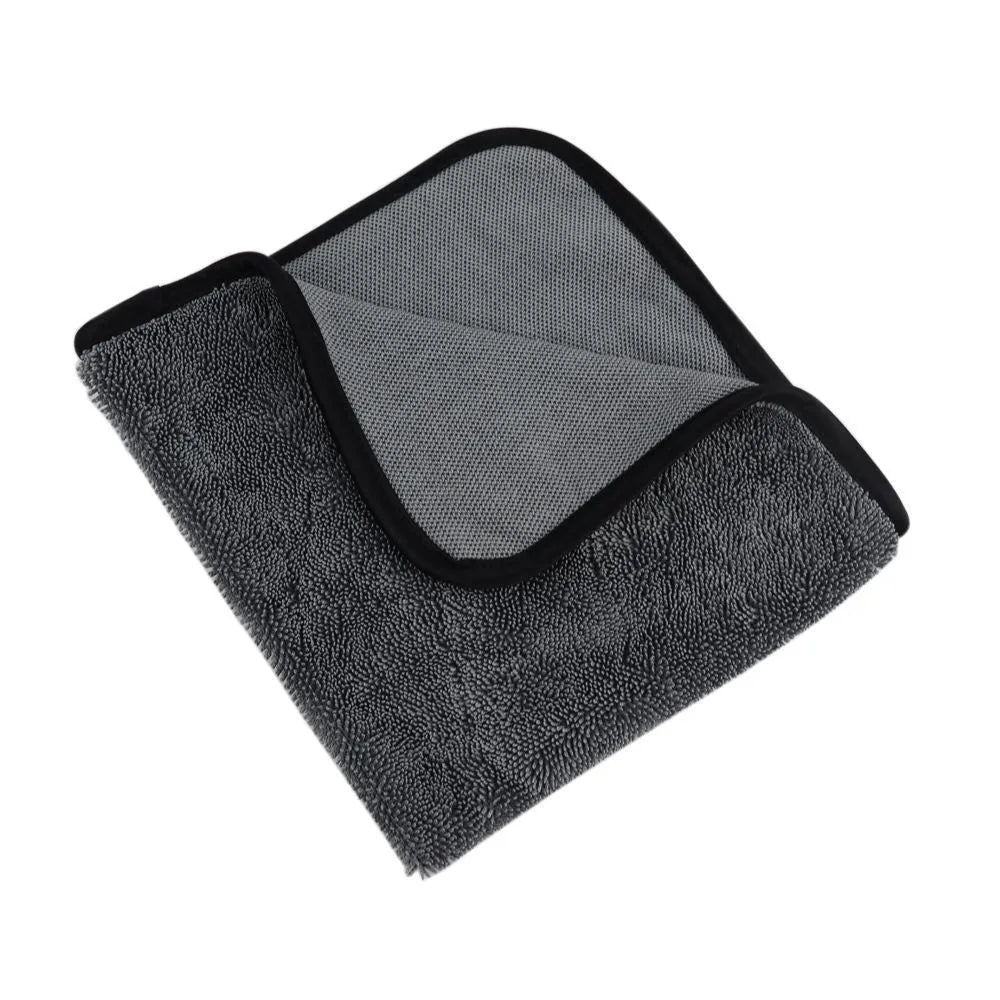 Grey microfiber car drying towel laid flat showing 40x40cm size.