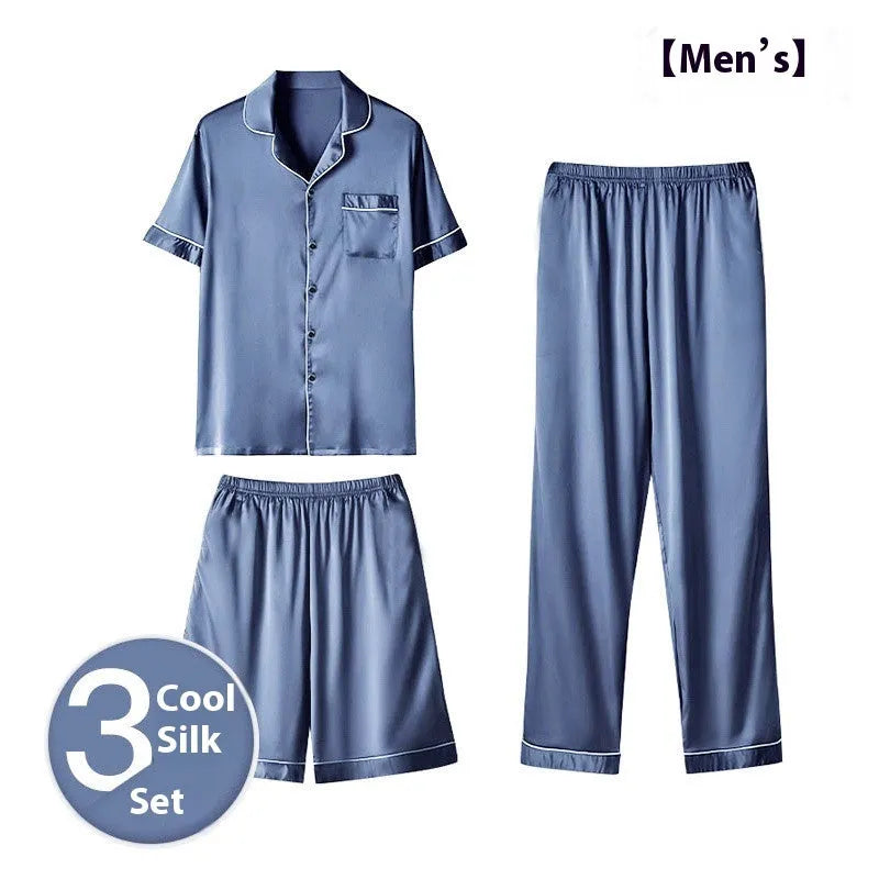 Men's ice silk three-piece pyjama set in black, showing shorts and trousers for lightweight home wear.