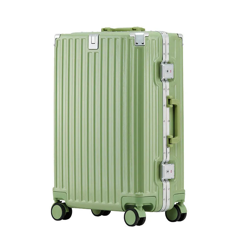 Aluminium frame ABS PC suitcase in avocado green colour with USB port and universal wheels.