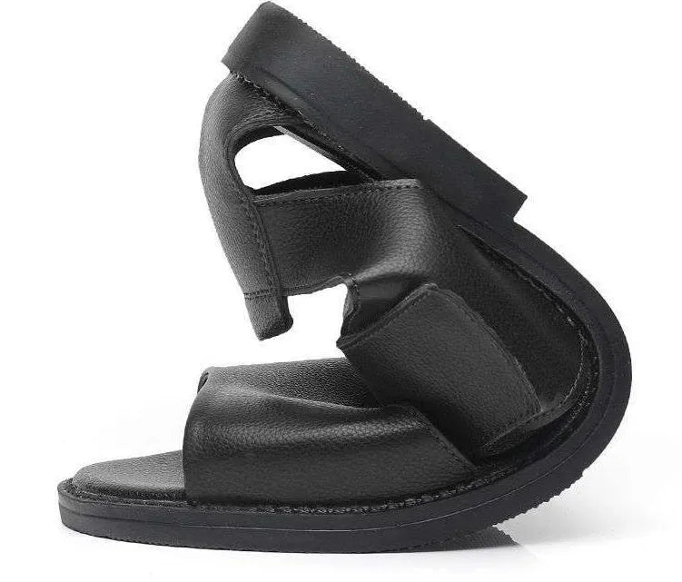 Men's black and brown open-toe leather casual sandals with rubber soles.