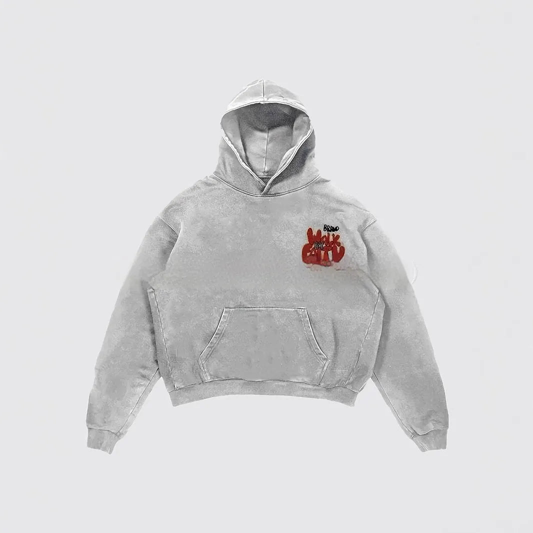 Granny grey women's hoodie with a vintage-style casual letter print and a front pocket.
