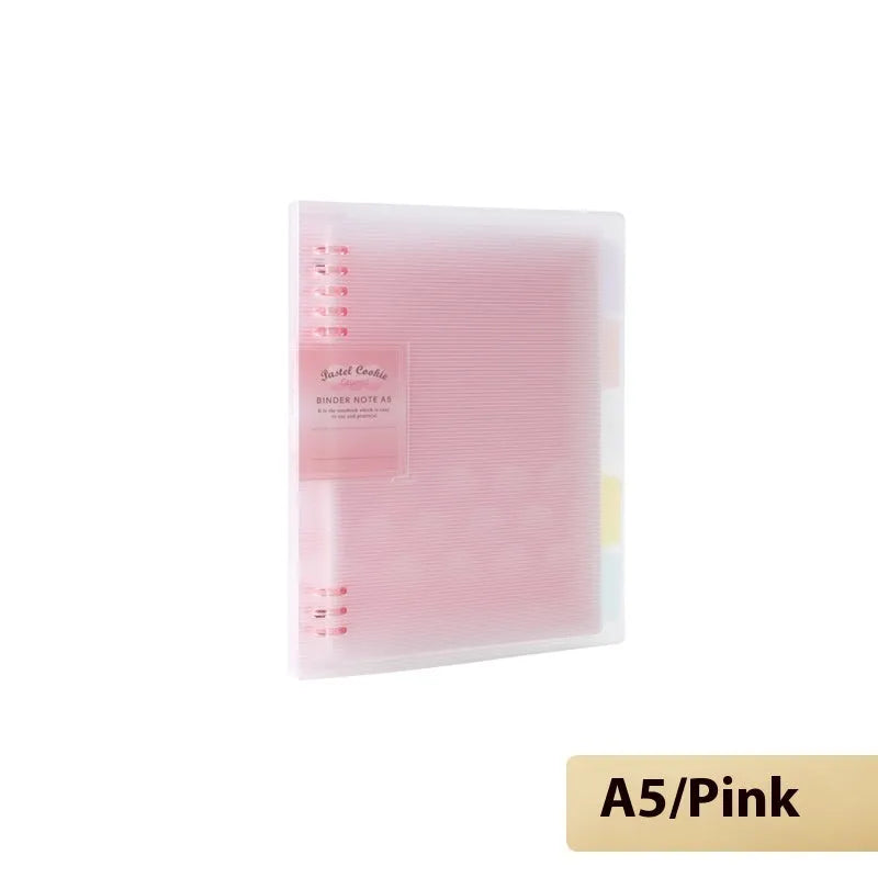 Refillable loose spiral notebook with PP cover in pastel cookie design, A5 and B5 size options shown