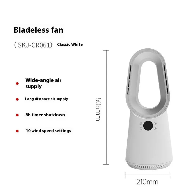 White SK bladeless tower fan with remote control on a desk