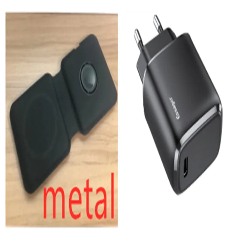 White foldable magnetic wireless charger charging two phones simultaneously on angled stand