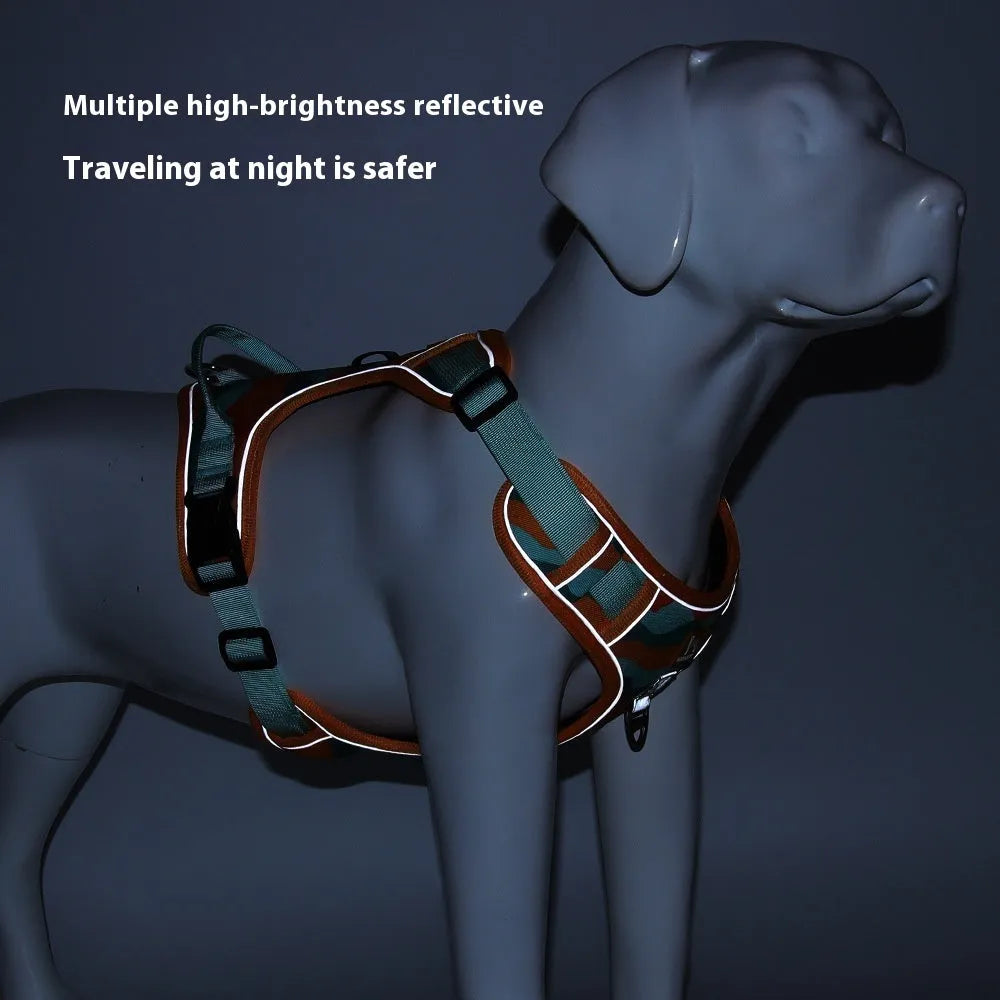 Orange reflective dog harness and lead with a chest and back design for secure walking control.