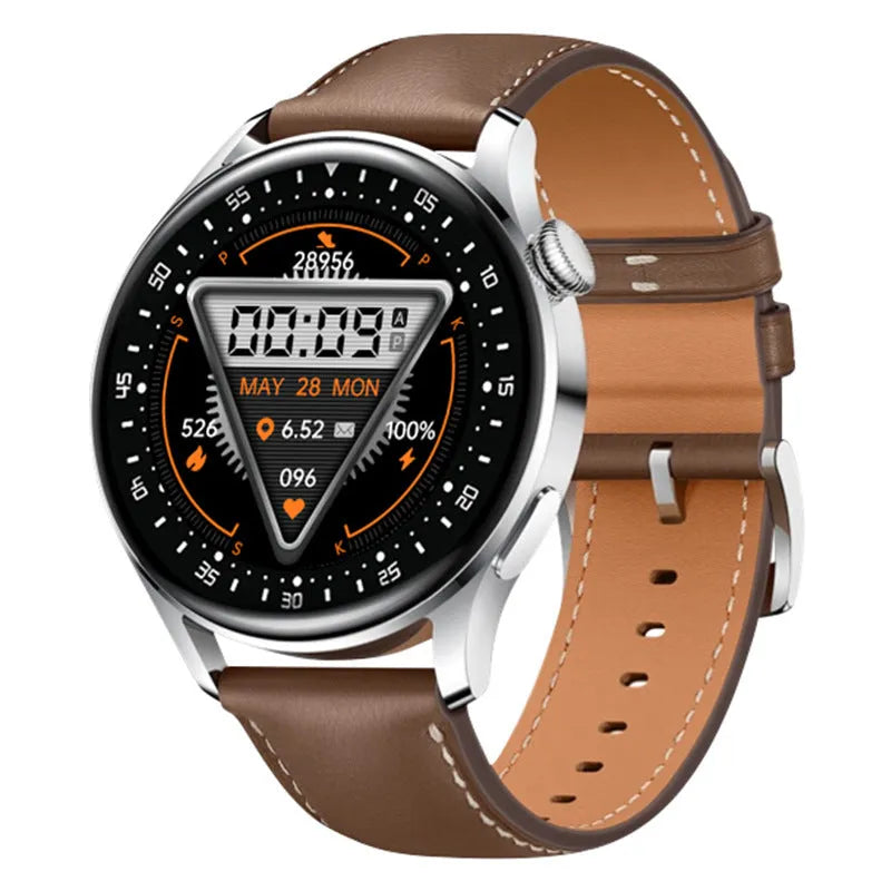 Black leather strap smartwatch with 1.32 inch touchscreen displaying health metrics