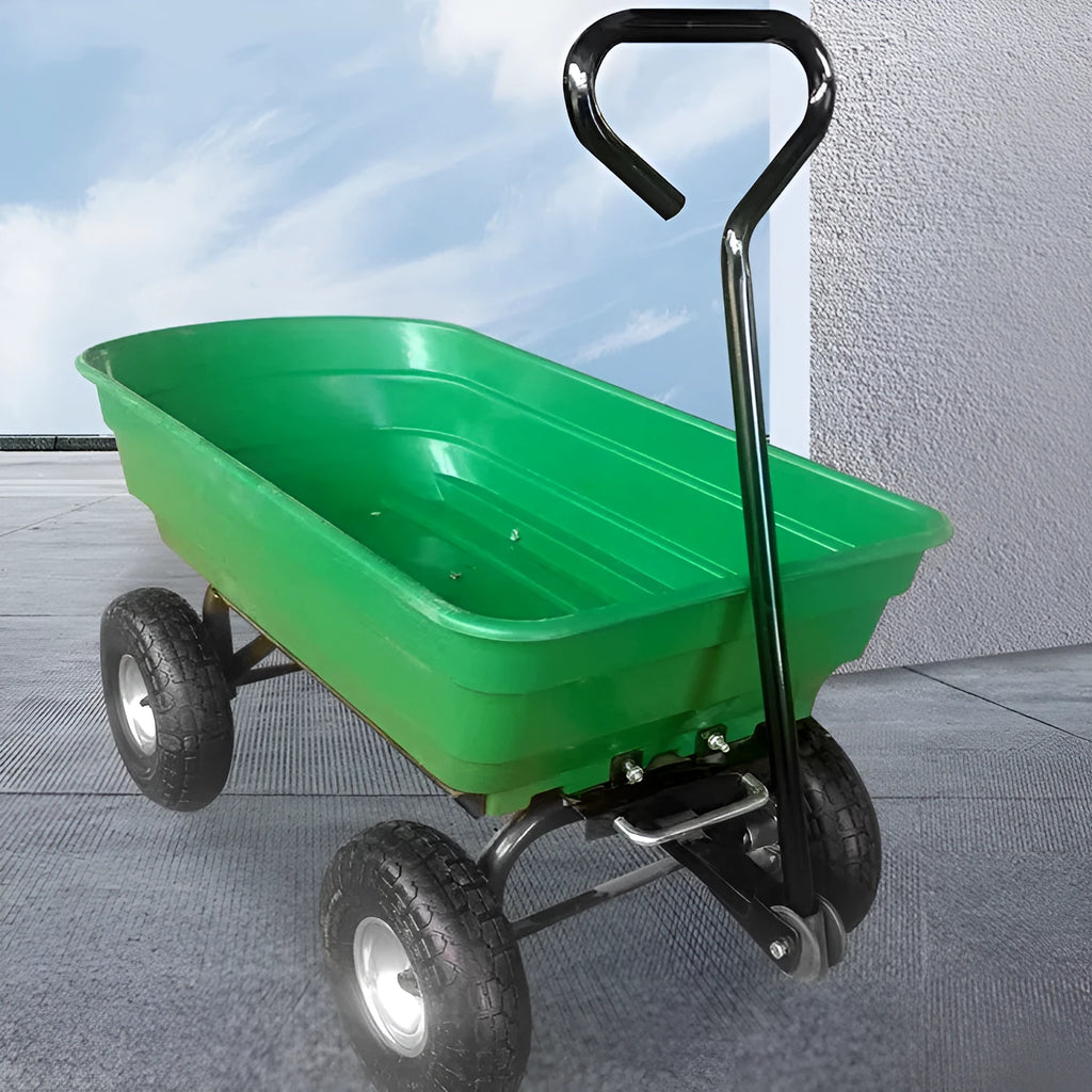 Green four-wheel plastic dump truck with steel PP body and tilting cargo bed for 350kg loads