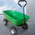 Green four-wheel plastic dump truck with steel PP body and tilting cargo bed for 350kg loads