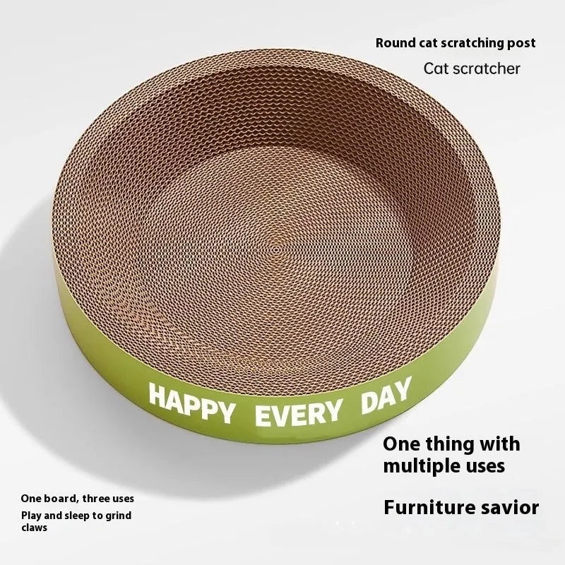 Green round cat nest with an integrated scratching board surface, shown in a simple style.