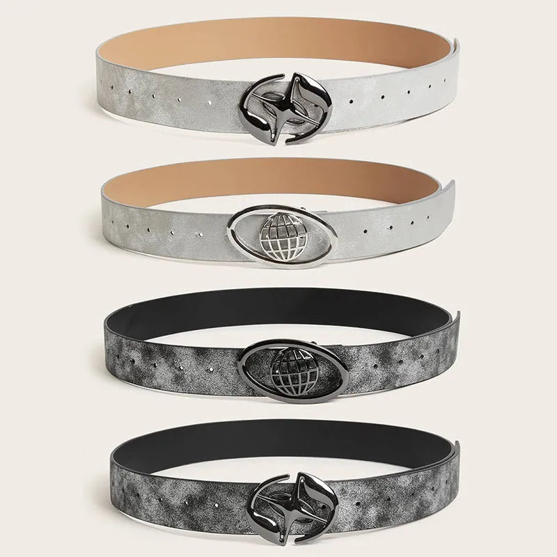 Retro women's belt with oval alloy buckle in thick PU leather vintage style