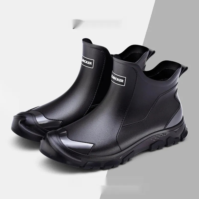 Korean style short tube PVC rain boots in black and red with non-slip rubber soles