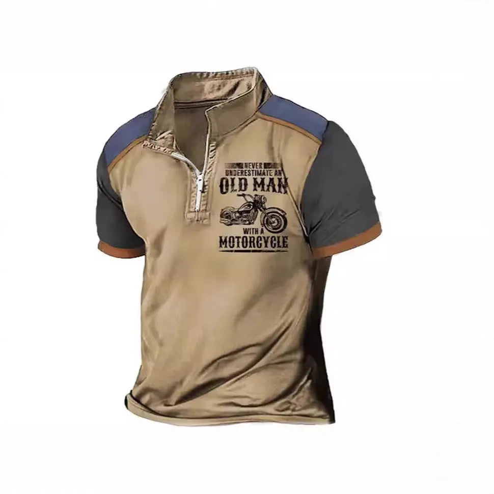Men's casual polo shirt with a lapel collar and digital printed design on the front.