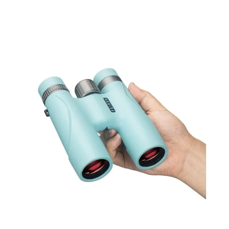 10x32 wine red film binoculars in grey or blue colour, showing compact design and large objective lenses.