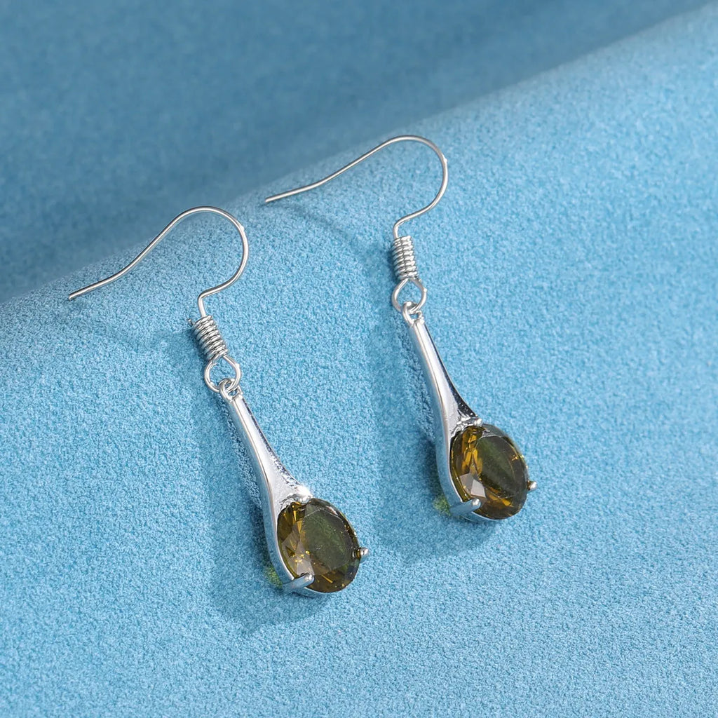 Olive green topaz water drop shaped earrings with retro design and electroplated alloy construction