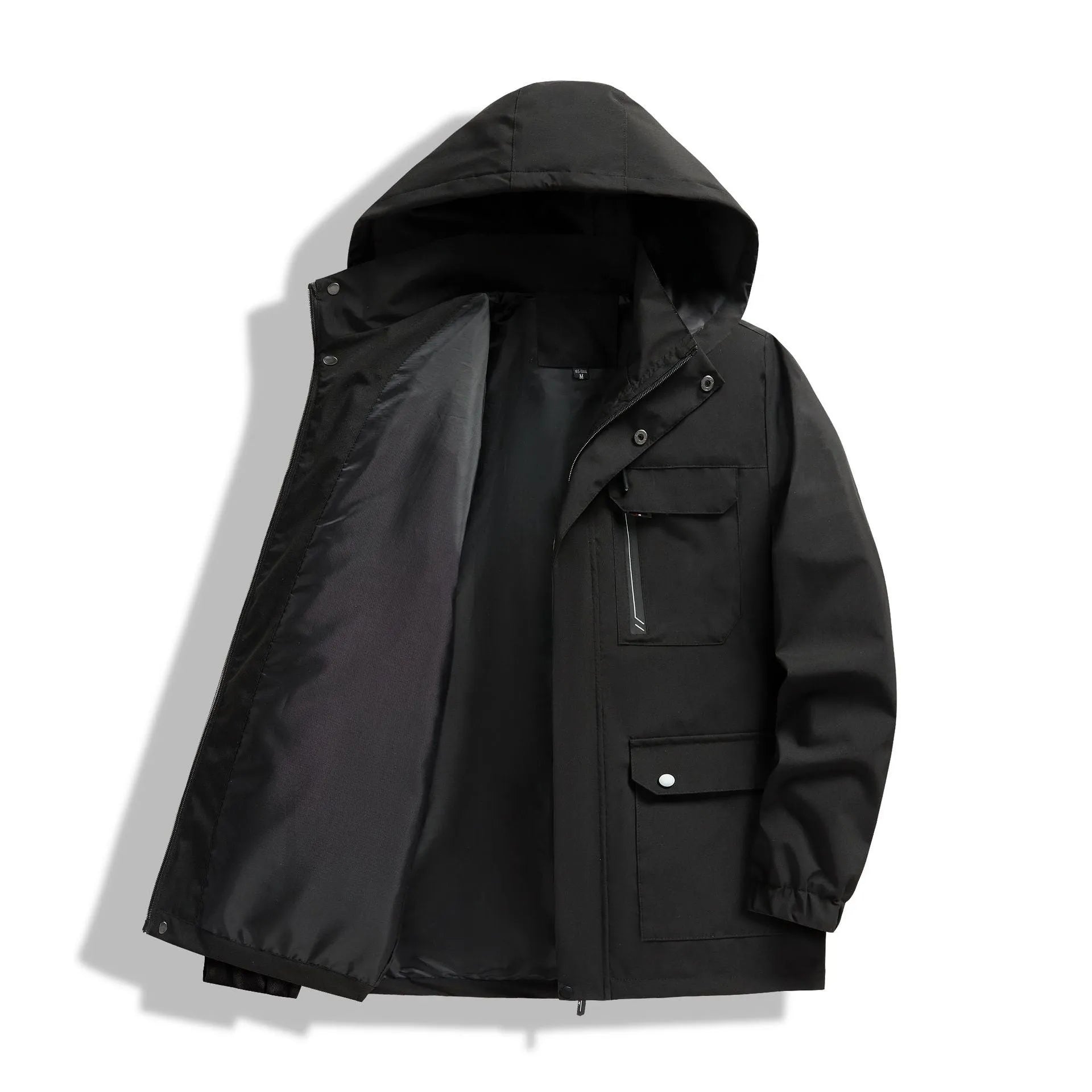 Men's warm hooded outdoor jacket in loose fit, Korean style, colour black, with zipper and pockets