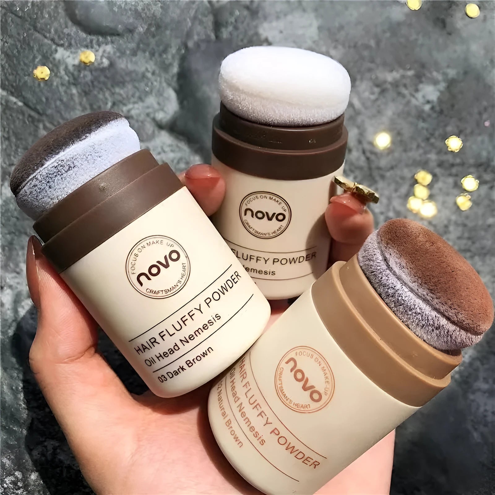 Oil control powder container showing transparent, brown, and dark brown powder variants for hair and facial application