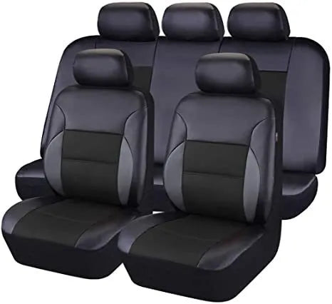 Artificial leather car seat cover set showing headrest and seat covers in black colour with hook accessories