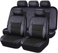 Artificial leather car seat cover set showing headrest and seat covers in black colour with hook accessories
