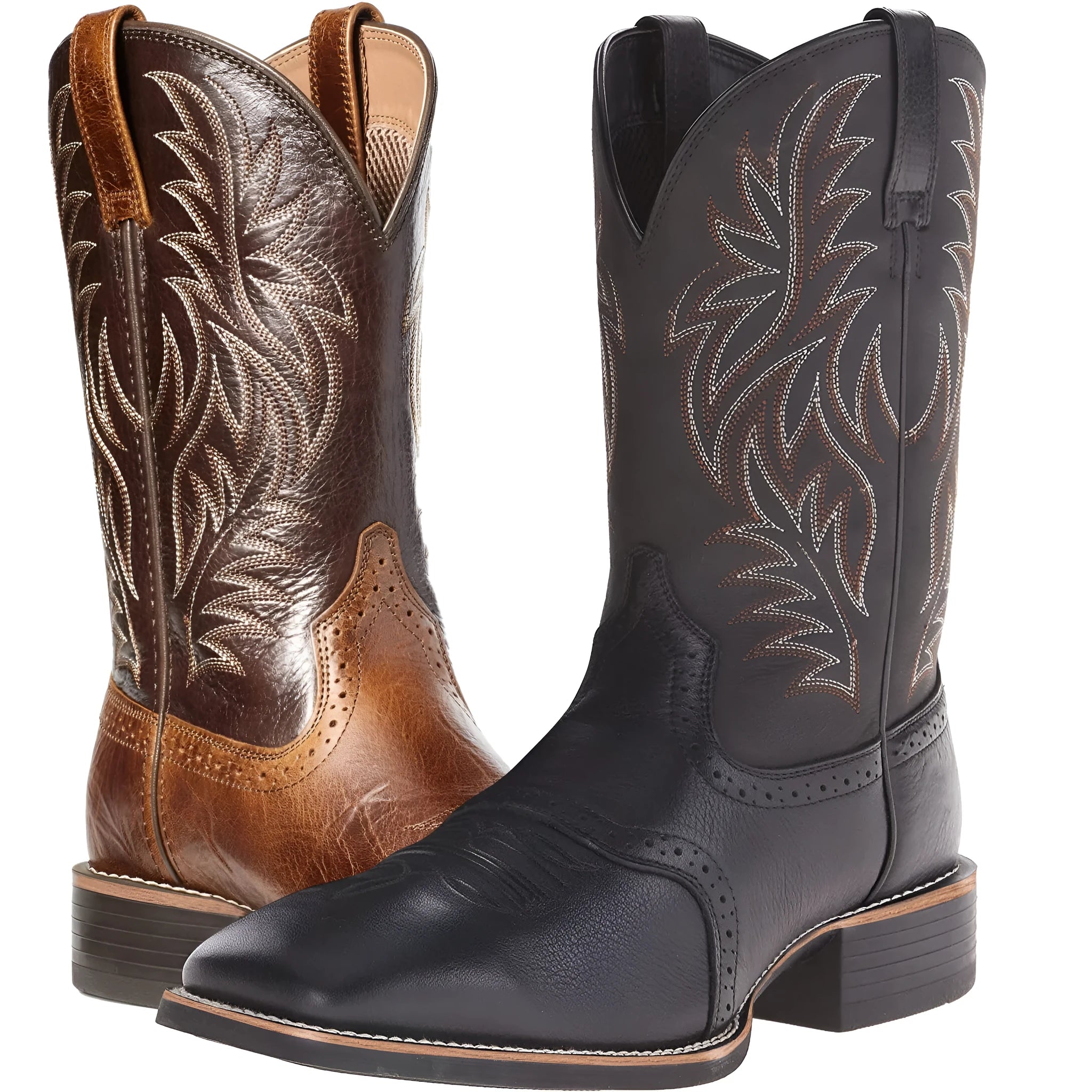 Men's black embroidered western cowboy boots with square toe and decorative stitching