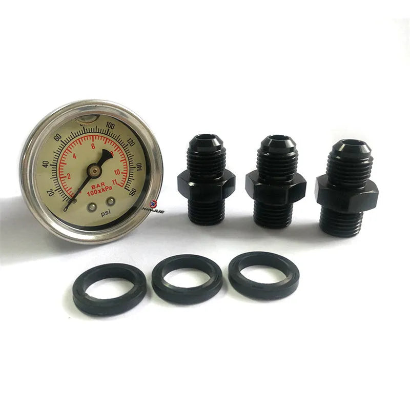 Black aluminium alloy automotive fuel pressure regulator with adjustment port and integrated gauge mounting strap.