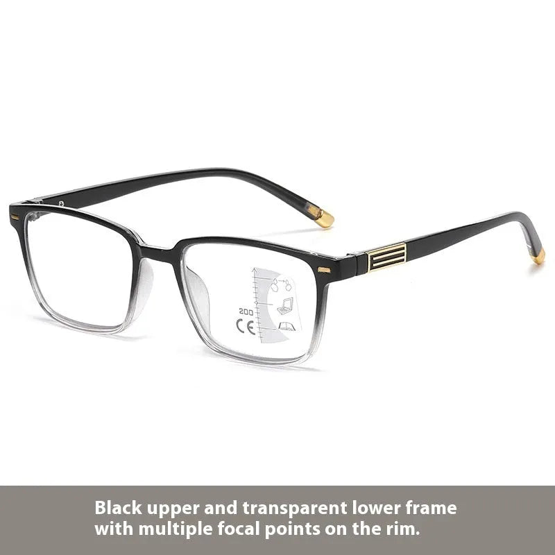 Anti blue light multifocal reading glasses with colour changing lenses in a black and gold frame style.