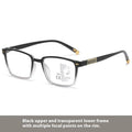 Anti blue light multifocal reading glasses with colour changing lenses in a black and gold frame style.