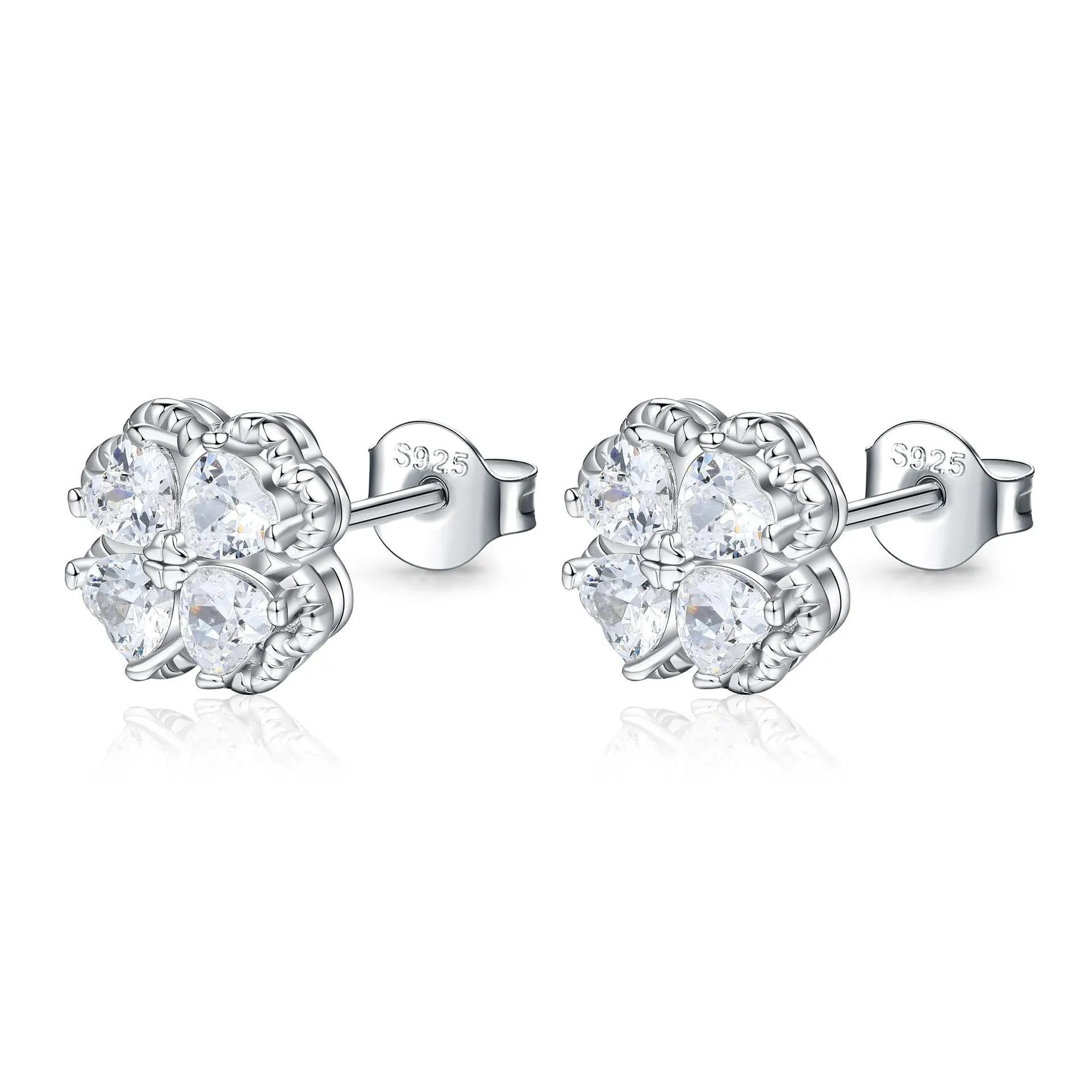 Zeng Yin 925 silver heart-shaped earrings with four-leaf clover design and zircon accents