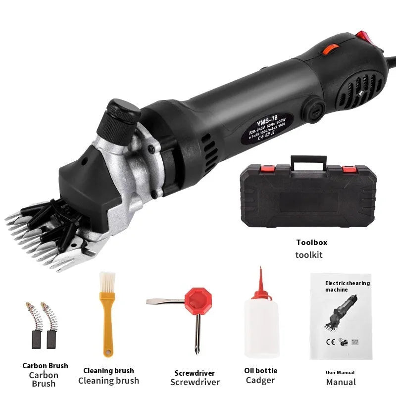 Yellow electric wool shearing plug-in unit with multiple cutting comb sets and maintenance accessories
